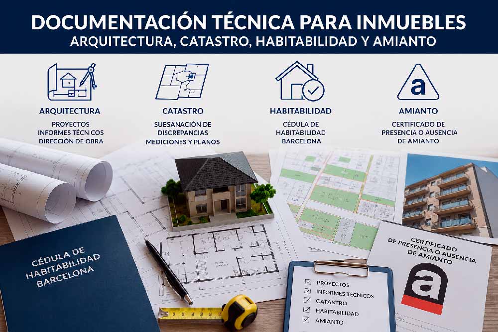 Documentación técnica para inmuebles: arquitectura, Catastro, cédula de habitabilidad y certificado de presencia o ausencia de amianto.